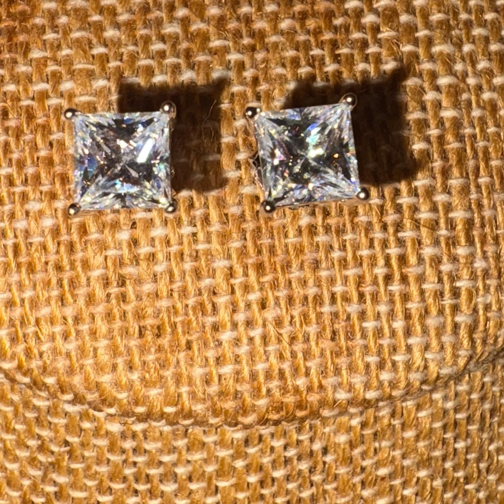 Solid Sterling Silver 2 Carat TW Princess Cut Moissanite Earrings - Picture 3 of 4